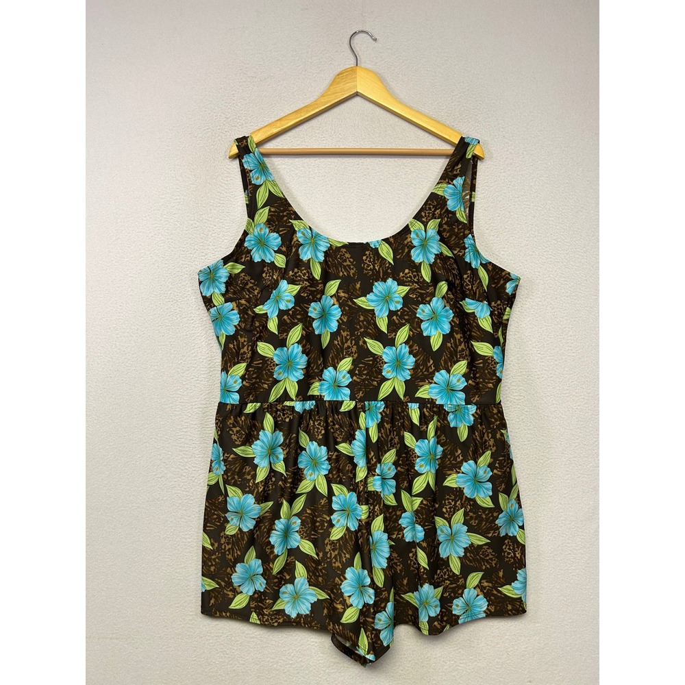 Tropical Floral Retro Blair Womens 26W Brown Blue Swimdress One Piece Swimsuit